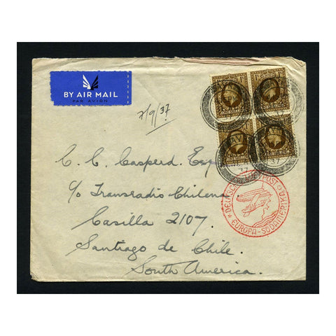 GB 1937 1/- Block of 4 used on Zeppelin cover to Chile with red cachet. A very late flight. SG449