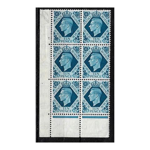 GB 1939-47 10d Turquoise-blue, cylinder 7 dot, block of 6, u/m. SG474