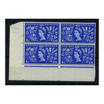 GB 1953 4d Coronation, corner marginal block of 4 containing 'daffodil flaw,' u/m. SG533 (W2a)