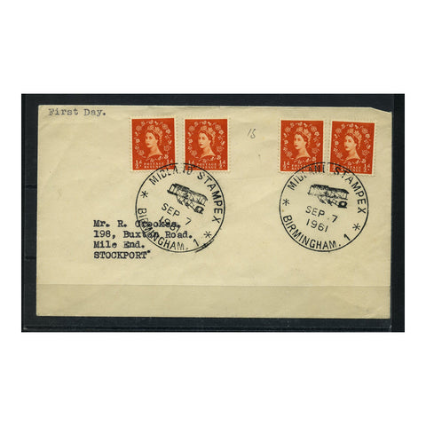 GB 1961 1/2d Wilding, wmk sdwys x4 singls first day Midlands Stampex cover w special cancels. SG570a