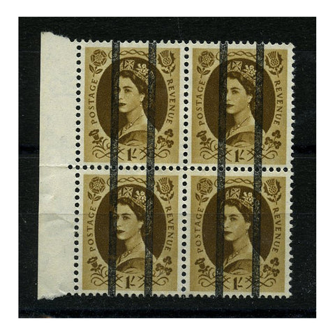 GB 1958-65 1/- Bistre-brown, training school cancelled block of 4, u/m. SG584