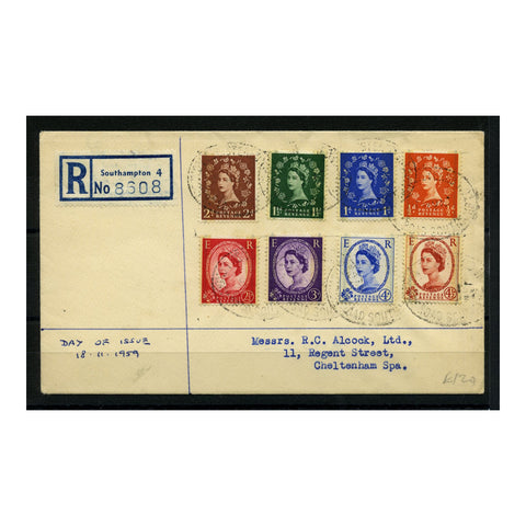 GB 1959 Phosphor / graphite Wilding issue, used on registered plain FDC (rare on single). SG599-609