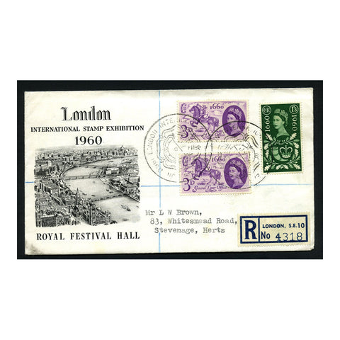 GB 1960 GLO 2x3d & 1/3d used on registered, illustrated Expo cover with special cancels. SG619-20