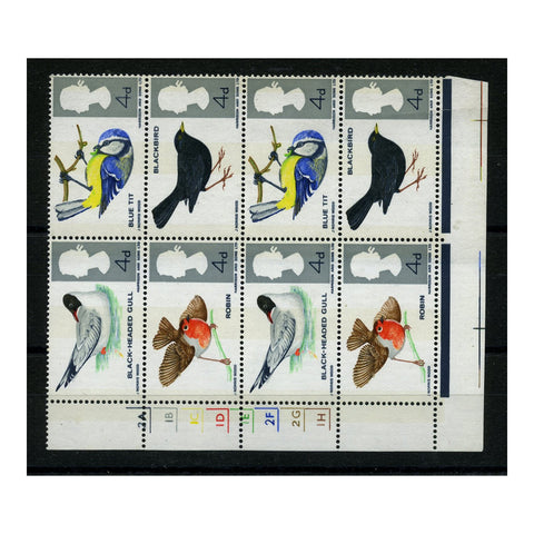 GB 1966 British birds, corner pl block of 8 (2x se-tenant), black kiss print (doubled), u/m. SG696pa