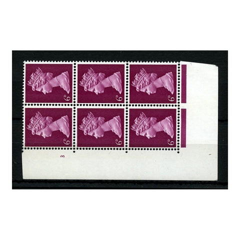 GB 1968-70 6d Bright-magenta, cyl 3 block of 6, u/m. SG736a