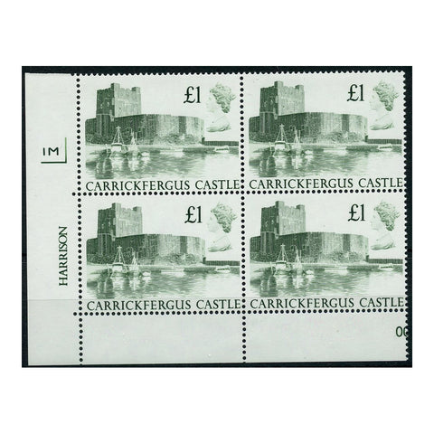 GB 1988 £1 Carrickfergus, '1M' plate block of 4, u/m. SG1410