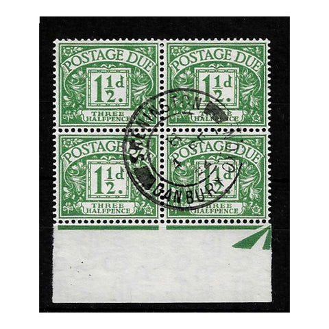 GB 1952-54 1-1/2d Green, fine used block of 4. SGD37