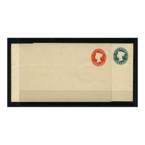 GB 1870-90s Two 1/2d Embossed stationery enveloppes, one vermillion, one green, both unused.