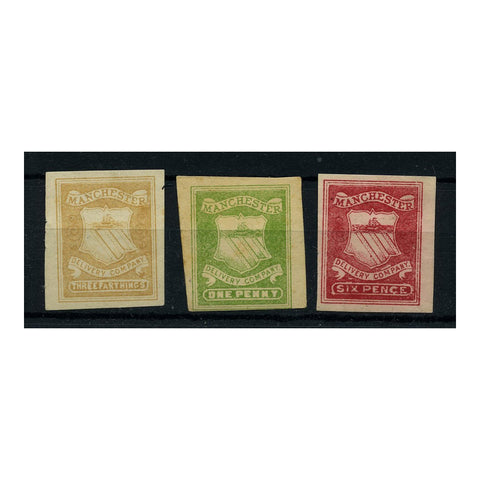 GB 1860s 3/4d, 1d, 6d Manchester (circular) delivery labels, mint no gum, imperf (likely unissued).