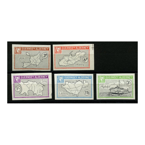 Alderney 1965 Maps & hydrofoil defins, IMPERF, in issued colours, fresh mtd mint. AC35i-39i