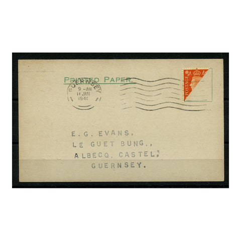 Guernsey 1940 Bisected 2d KGVI definitive, used on card on 14 Jan 40 (post office error). SG465b