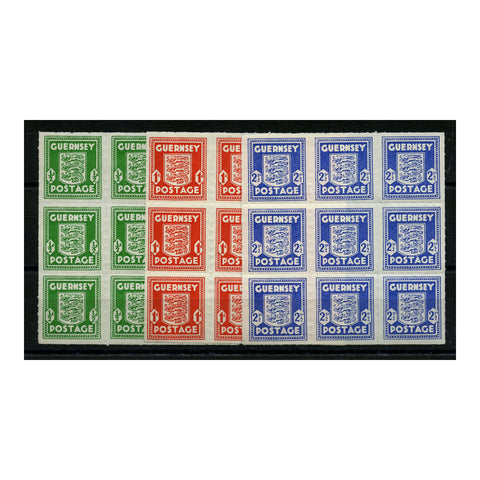 Guernsey 1941-44 Definitive roulette trio in blocks of 9, reprints, u/m. SG1-3 (reprints)