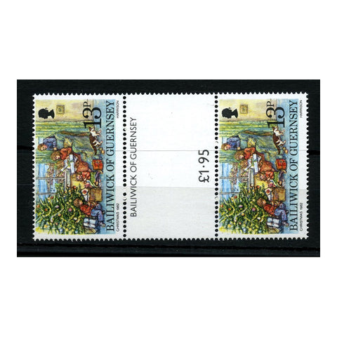 Guernsey 1982 13p Exchanging gifts, gutter pair displaying vert 'blade flaw,' u/m. SG264var