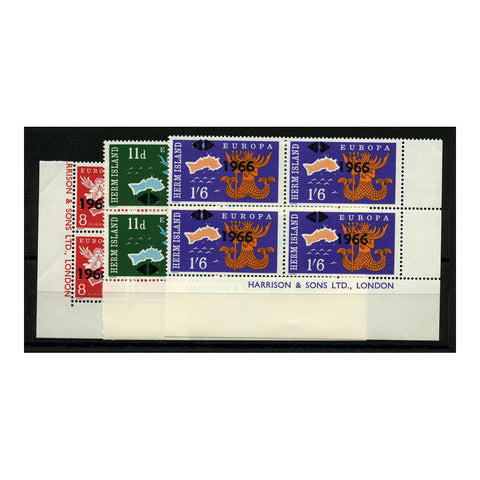 Herm 1966 Europa, in corner marginal imprint blocks of 4, u/m. HE98-100