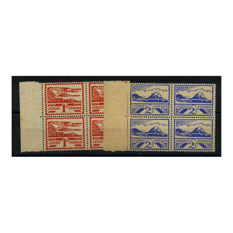 Jersey 1944 1d, 2-1/2d Both values on Newsprint, marginal blocks of 4, u/m. SG4a+7a