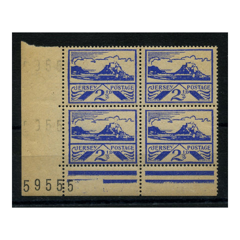 Jersey 1944 2-1/2d Ultra / newsprint, sheet number block, 2 addtl ghost prints of # in margin. SG7a.