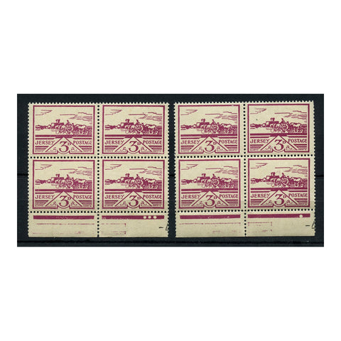 Jersey 1943-44 3d Collecting Vraic, both 1 & 3 dot marginal blocks of 4, u/m. SG8