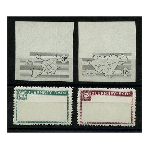 Sark 1965 3d, 1/6d Map defins, perf frame & imperf centre trials (unissued vals), gummed. SC61-ish