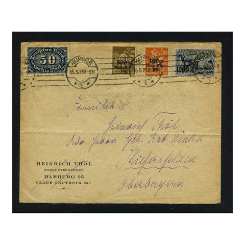 Germany 1923 50m & Relief find trio on postal use cover, tied with Hamburg cancels. SG235, 257-59