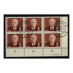 GDR 1953-55 2dm Red-brown, WMK INVERTED, corner block of 6, cds used. SG101var