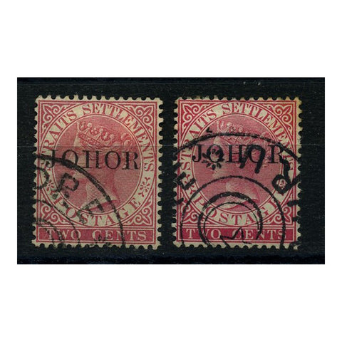 Johore 1884-91 2c Type 10 ovpt, both shades, good to fine used. SG10+c_MALAJ0010U2