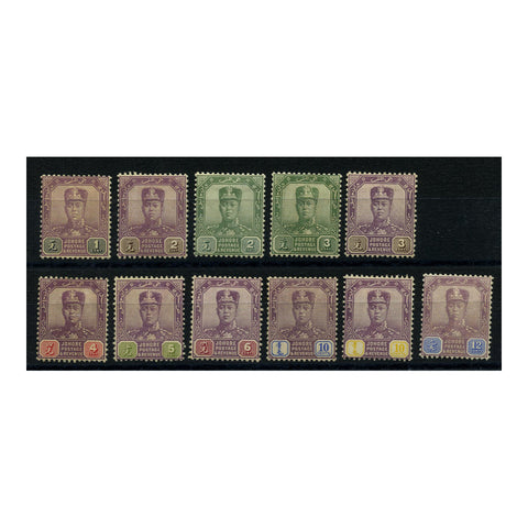 Johore 1922-41 Definitive short set to 12c, wmk mult script CA, fine mtd mint. SG103-13_MALAJ0103MMS