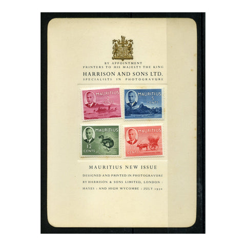 Mauritius 1950 2c, 5, 10c,12c Definitives on Harrison presentation card, minute tone, no wrapper.