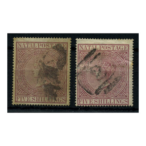 Natal 1874-99 5/- Both shades (rose+ carmine), good to fine used. SG72-73