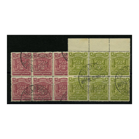 Rhodesia 1898-1908 3d & 4d Defins, blocks of 6, cds used, 4d some seperation. SG81-82_RHOD0081U6A