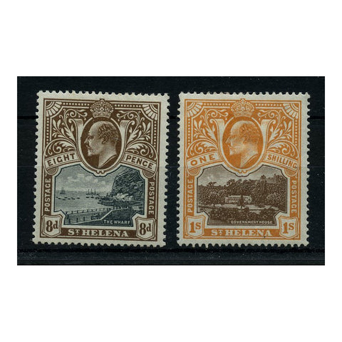 St Helena 1903 8d, 1/- Pictorial definitives, both fresh mtd mint. SG58-59