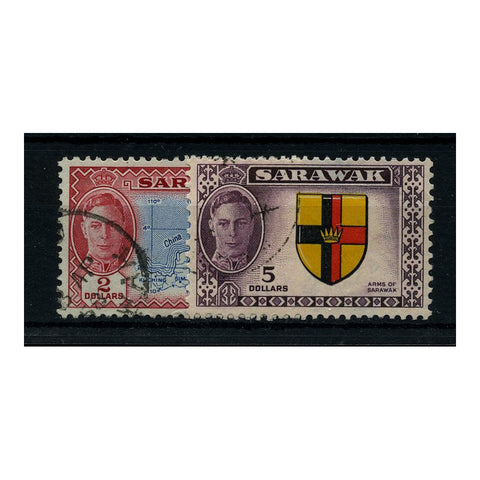 Sarawack 1950 $2 Map & $5 Arms, both fine cds used. SG184-85_SARA0184U2