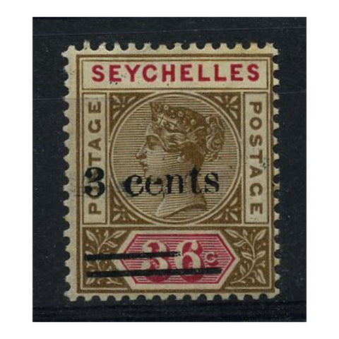 Seychelles 1901 3c on 36c Brown & carmine, 'short upper bar in surch' variety, mtd mint. SG39var