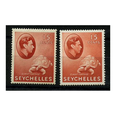 Seychelles 1941-49 15c Brown-carmine, both papers, toned gum, mtd mint. SG139a+ab_SEYC0139AMM2X