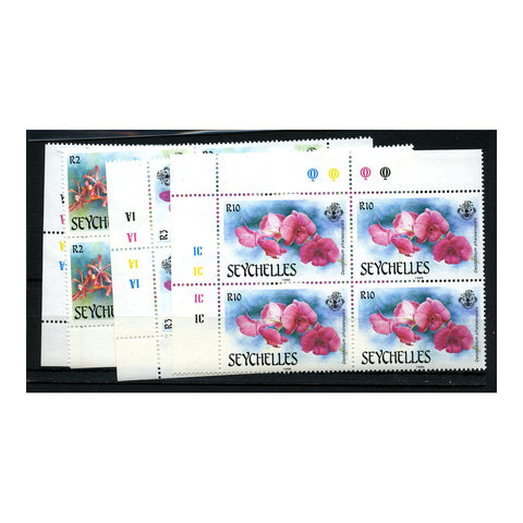 Seychelles 1988 Orchids (1st series), in corner blocks of 4, u/m. SG713-16