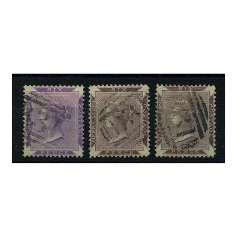 Sierra Leone 1885-96 6d WMK crown CC, all 3 shades, good to fine used. SG35-37_SIER0035U3