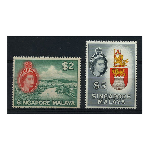 Singapore 1955 $2, $5 Definitives, fresh mtd mint. SG51-52