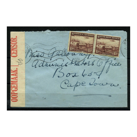 SWA 1940 1½d Plane boat & train, horiz pair on censored cover to SA. SG96