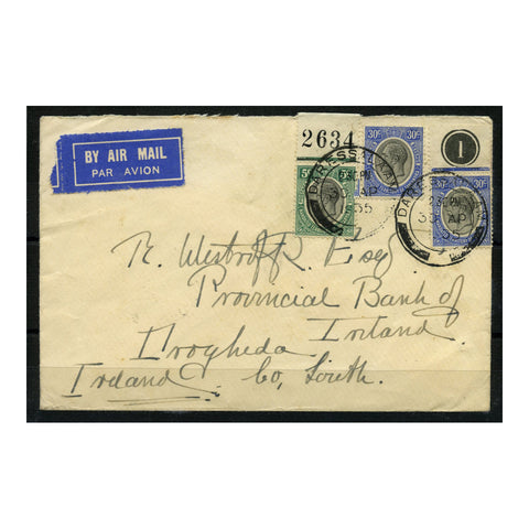 Tanganyika 1935 5c, 30c(x2) On airmail cover, control & plate # singles last day of issue. SG93, 98a