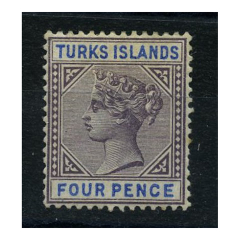 Turks Is 1893-95 4d Dull-purple & ultramarine, wmk CA displaying 'OA' ERROR, lightly mtd mint. SG71v