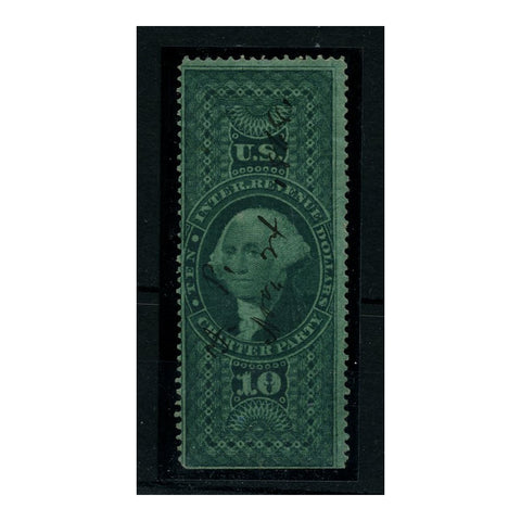 USA 1868 $10 Green (Charter Party), perf, straight edge, tidy manuscript used. SC#R93c_USAR0093CU