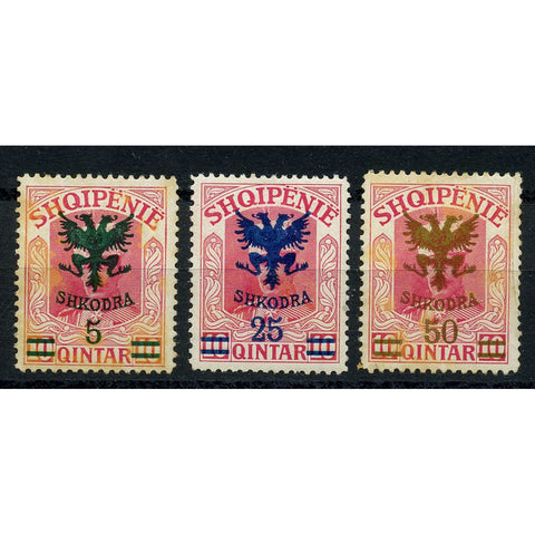 Albania 1920 5q, 25q, 50q Surcharge definitives, mtd mint, tone spots. SG116, 120, 122