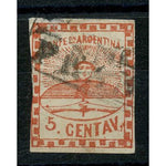 Argentina 1858 5c Red, 3 margins, used, small thin. SG1