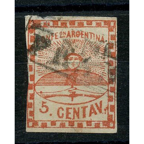 Argentina 1858 5c Red, 3 margins, used, small thin. SG1