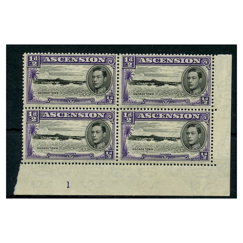 Ascension 1938-53 1/2d Black & violet, perf 13-1/2, plate block of 4, stamps u/m. SG38