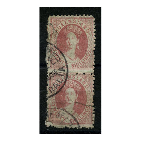 Queensland 1880 20/- Lithographed, vert pair, cds used. Faulty. SG127