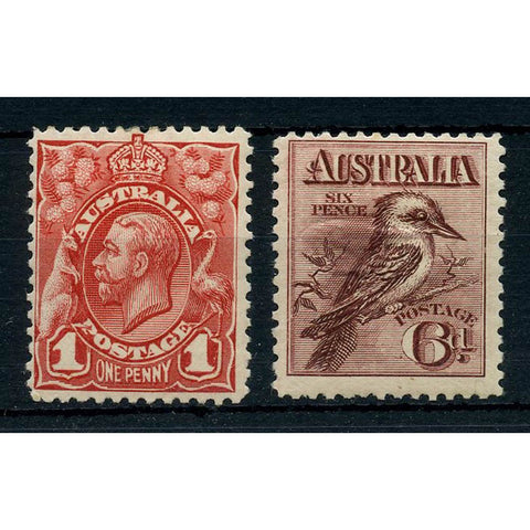 Australia 1913-14 1d Pale rose-red and 6d Kookaburra (small thin), fine mtd mint. SG17 & 19