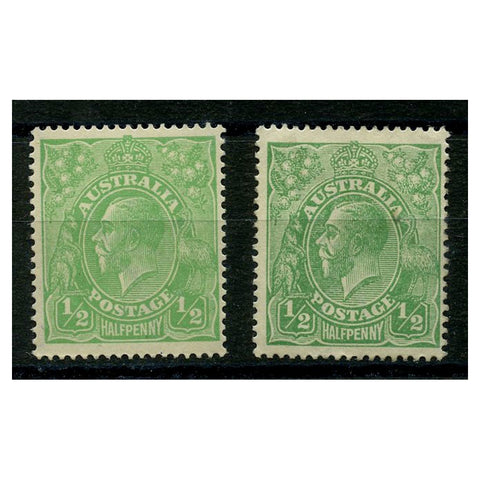 Australia 1914-20 1/2d Green & yellow-green, both fresh mtd mint. SG20b+c