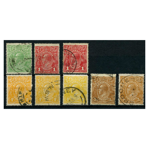 Australia 1914-20 Definitive issue, including both dies of 1d, 3 shades of 4d, and both shades of 5d, all fine