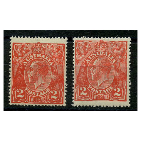 Australia 1922-23 2d Bright & dull rose-scarlet, both fresh mtd mint. SG63+a