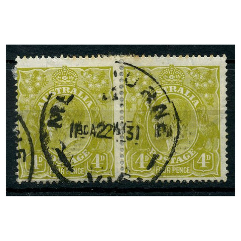 Australia 1928-30 4d Yellow-olive, perf 14, horiz pair, fine cds used, faults. SG91